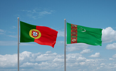 Turkmenistan and Portugal flags, country relationship concept