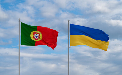 Ukraine and Portugal flags, country relationship concept
