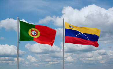Venezuela and Portugal flags, country relationship concept