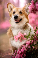 Portret psa rasy welsh Pembroke corgi w kwiatach