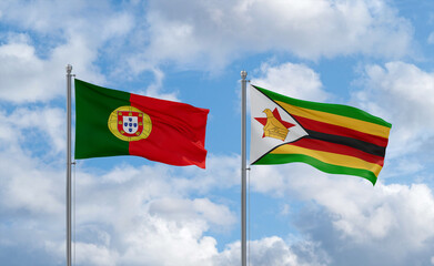 Zimbabwe and Portugal flags, country relationship concept