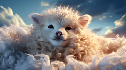 Cute White Lamb in a Field of Clouds: A Surreal Image