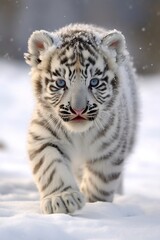 cute tiger running in the snow
