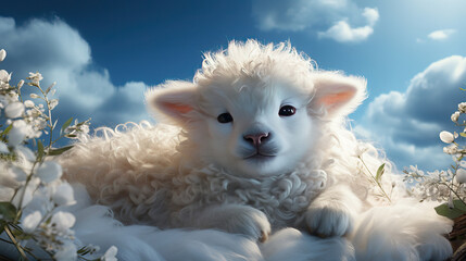 Cute White Lamb in a Field of Clouds: A Surreal Image