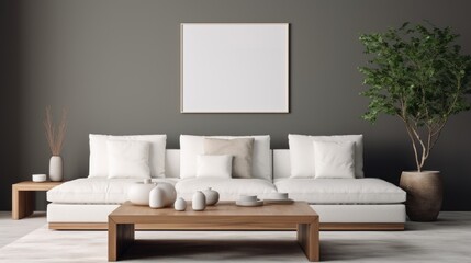 wooden square coffee table near white sofa in room with grey wall with art poster. Minimalist elegant home interior design of modern living room