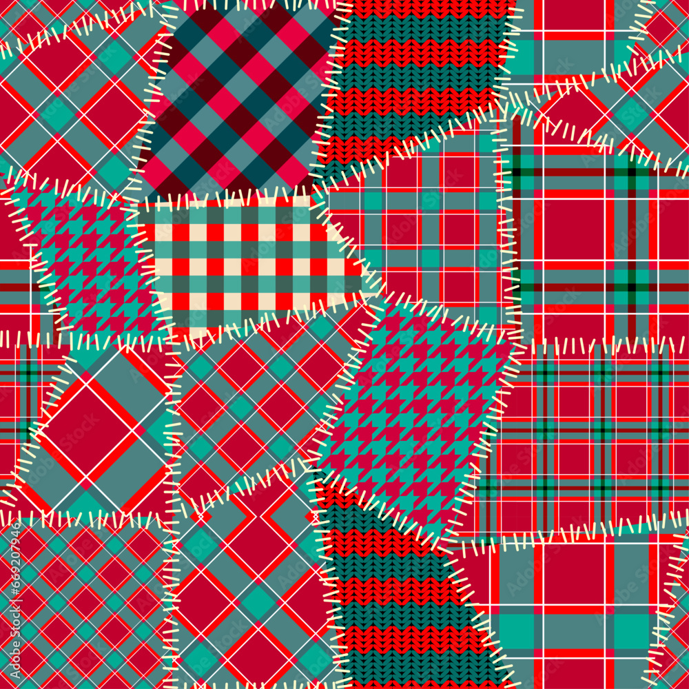 Poster Patchwork textile pattern. Seamless quilting design background. Merry Christmas cozy pattern.