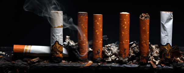 Cigarettes piled in a large heap. Cigarette butts