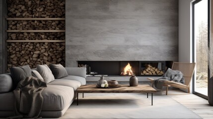 grey daybed sofa against fireplace, rustic scandinavian home interior design of modern living room