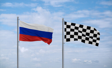 Checkered racing and Russia flags, country relationship concept