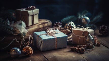 Christmas background with decorations and gift boxes on wooden board.