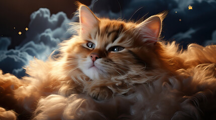 Fluffy Cat in a Dreamy Cloudscape: A Digital Art Portrait