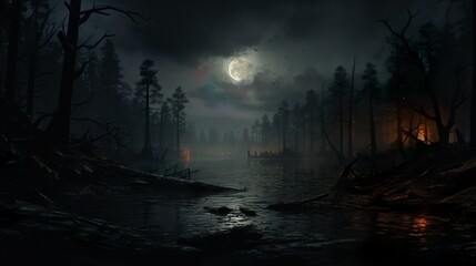 Enchanted Moonlit Forest Halloween's Veiled Secret, Mysterious forest with a moonlit path fog and a Halloween backdrop hint