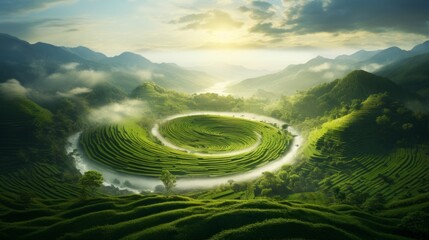circular hill made of grass with a raging river