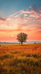 Fototapeta premium Lone Tree at Sunset: A Photo Realistic Image,lone tree in sunset
