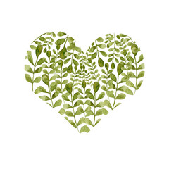 Watercolor composition with green leaves and branches. Hand drawn plant foliage in heart shape. Composition for cards, invitations, wedding decor