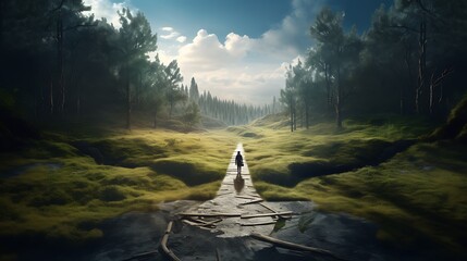 Obraz premium A person standing at a crossroad, one path leading to a dark, intimidating forest and the other to a sunny, inviting meadow, illustrating the choice between facing fears and taking the easy way