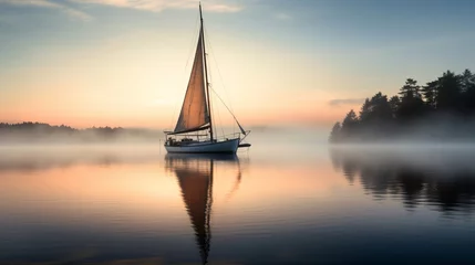 Fotobehang a sailboat on a misty dawn lake © medienvirus