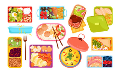 Cartoon isolated top view of open plastic divided trays with packed portions, healthy meals and snacks menu in lunchbox containers for eating in lunchtime. Lunch box with food set vector illustration