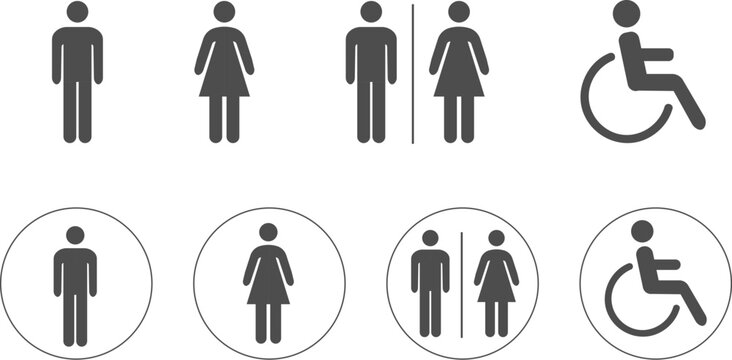 Toilet line icon set. WC sign. Men,women,mother with baby and handicap symbol. Restroom for male, female, transgender, disabled. Vector graphics