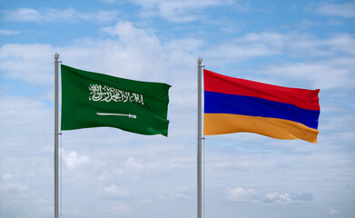 Armenia and Saudi Arabia flags, country relationship concept