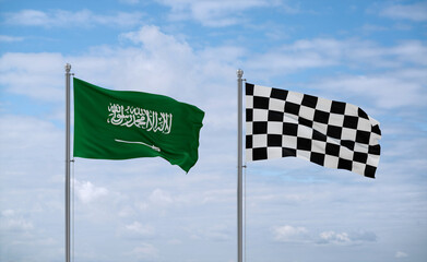 Checkered racing and Saudi Arabia flags, country relationship concept