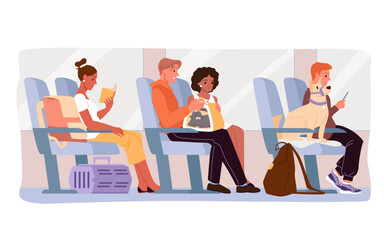 Train, bus travel with dog or cat vector illustration. Cartoon people sitting on seats at windows in vehicle interior, diverse of passenger characters with kitten inside box carrier, puppy in chair