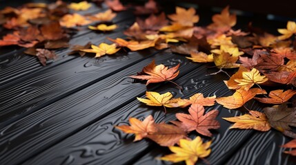 Naklejka na ściany i meble Autumn leaves falling on black painted timber decking
