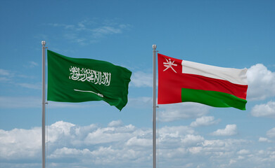 Oman and Saudi Arabia flags, country relationship concept