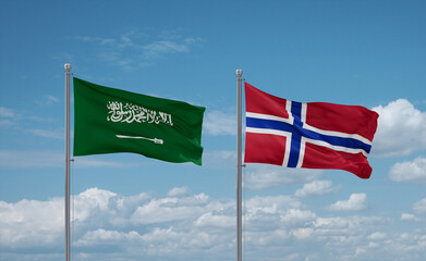 Norway and Saudi Arabia flags, country relationship concept