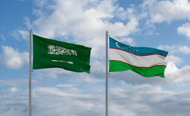 Uzbekistan and Saudi Arabia flags, country relationship concept