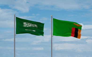 Zambia and Saudi Arabia flags, country relationship concept