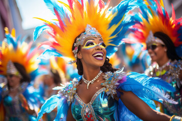 A vibrant samba parade with colorful floats and dancers, love and creativity with copy space