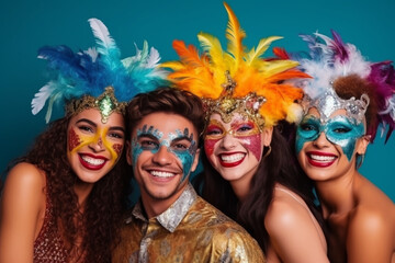 A joyful group of friends dressed in carnival costumes, love and creativity with copy space