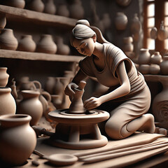 Charming handicraftsman shows how to work with clay and pottery wheel. A woman working on a potter wheel in pottery workshop. A Family business shop sculpts pot from clay Generative AI

