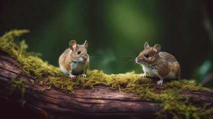Naklejka na ściany i meble cute mice sitting on wooden logs covered with moss in the forest