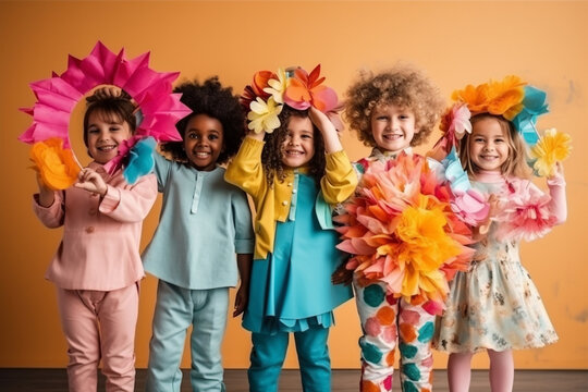 A group of children parading in their carnival costumes, love and creativity with copy space