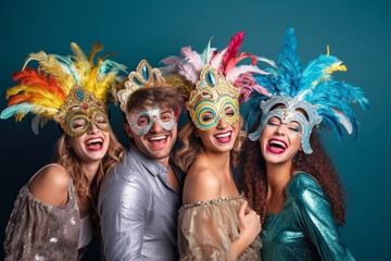 A joyful group of friends posing with their carnival costumes, love and creativity with copy space