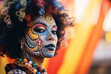 Fototapeta premium A carnival-goer with a face painted in colorful patterns, love and creativity with copy space