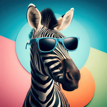 zebra with glasses on a multicolored background. ai generative