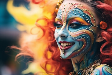 A carnival-goer with a face painted as a whimsical creature, love and creativity with copy space