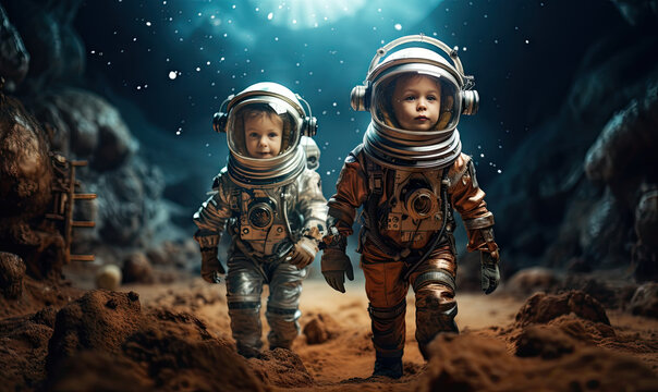 Two children in spacesuits joyfully play on a lunar surface.