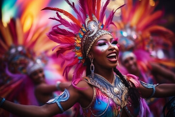 A lively dance performance with carnival dancers in elaborate attire, love and creativity with copy...