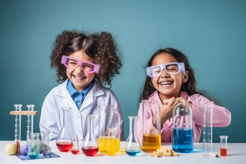 Young girls exploring their interests in STEM fields, love and creativity with copy space
