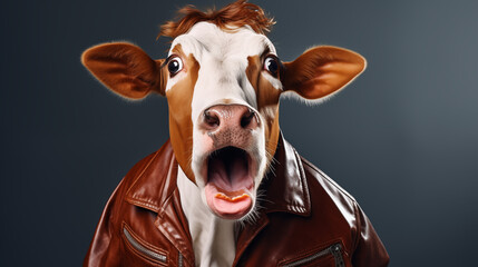 A studio portrait of a funky cow wearing a brown leather jacket, sunglasses, on a seamless orange solid colored background