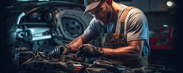 Technician worker of car mechanic working on car repair. Service or maintenance vehicle.