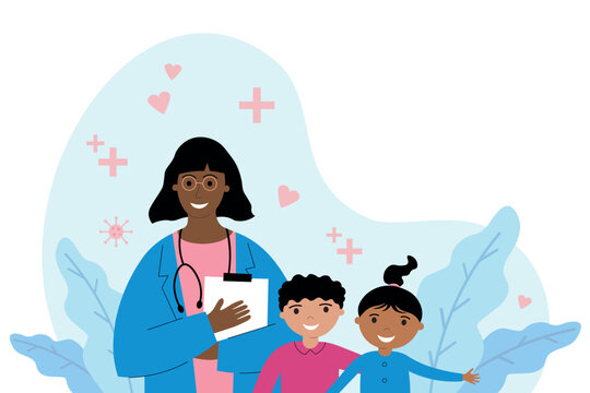 Children's doctor medic hand drawn vector illustration with African American pediatrician and children on isolated white background. Healthcare medicine health baby, babies visit the physician