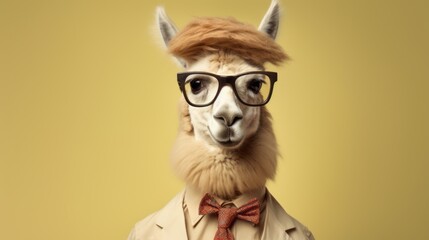 A studio portrait of a funky hipster alpaca wearing a jacket, glasses, on a seamless beige colored solid colored background with empty copy space