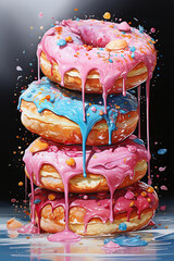 Sweet Temptation: A 3D Illustration of a Stack of Donuts with Pink Glaze and Cherries