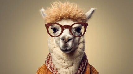 A studio portrait of a funky hipster alpaca wearing a jacket, glasses, on a seamless beige colored solid colored background