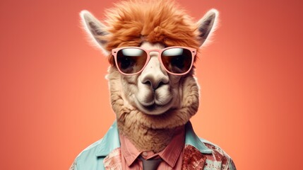 Obraz premium A studio portrait of a funky hipster alpaca wearing a jacket, sunglasses, on a seamless pink colored solid colored background